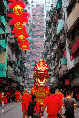  Chinese New Year celebration. Group of people perform a traditional lion dance. generative ai © dea