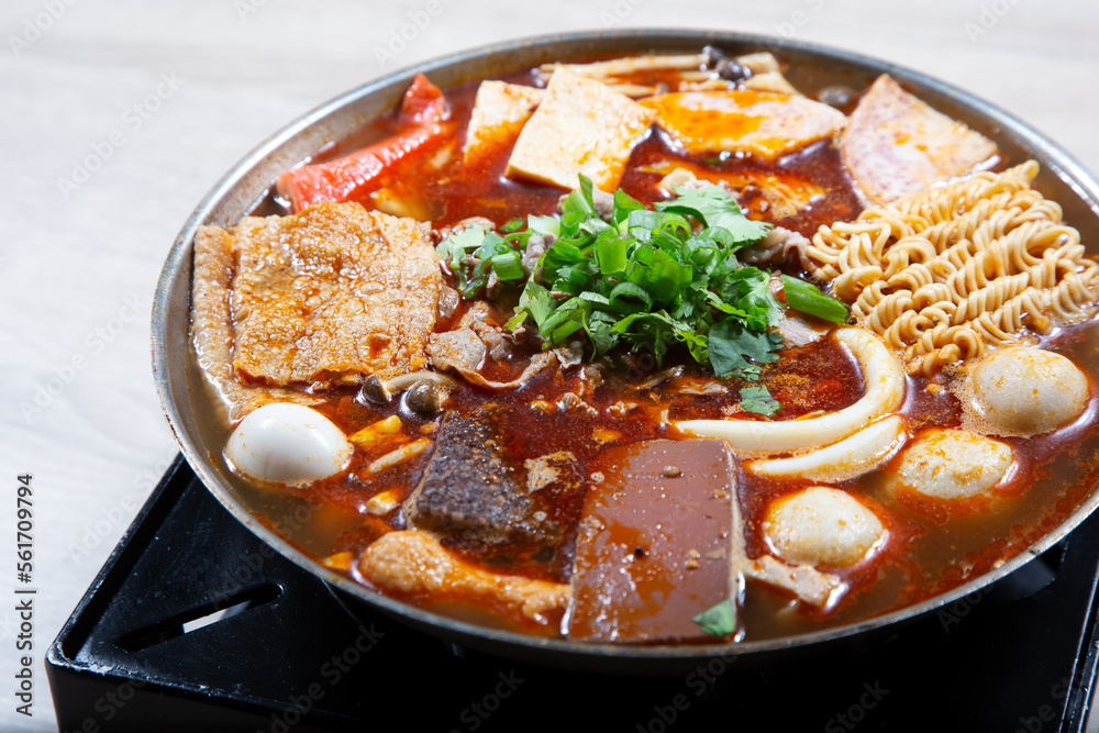A view of a Taiwanese hot pot entree. A view of a Taiwanese hot pot entree.