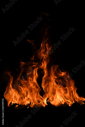 Fire flames isolated on black background. Fire burn flame isolated  flaming burning art design concept with space for text.