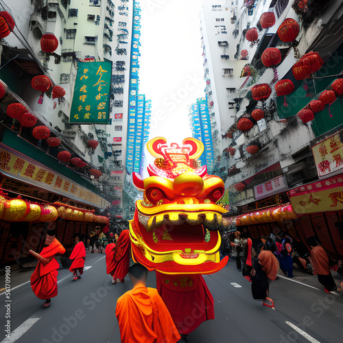  Chinese New Year celebration. Group of people perform a traditional lion dance. generative ai photo