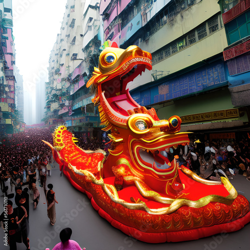  Chinese New Year celebration. Group of people perform a traditional lion dance. generative ai photo