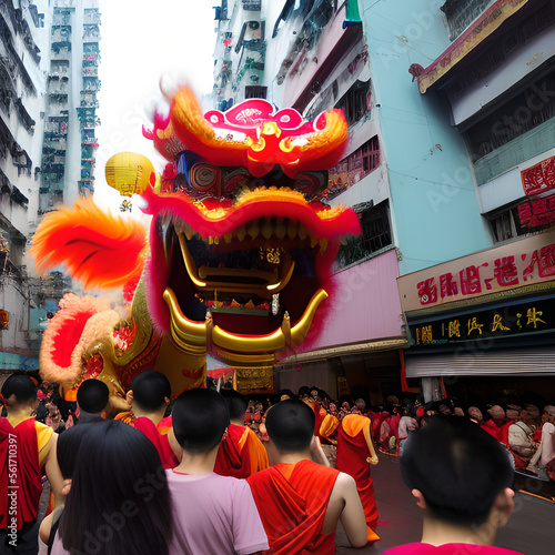  Chinese New Year celebration. Group of people perform a traditional lion dance. generative ai photo