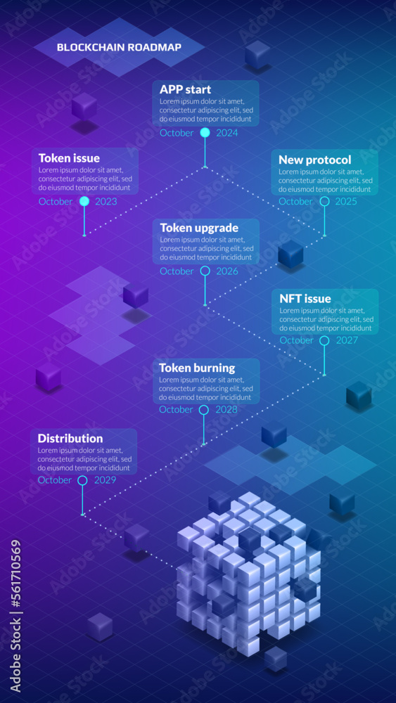 Isometric roadmap with many steps for blockchain or cryptocurrency project with big and small cubes on purple blue background. Vertical infographic timeline template for presentation. Isometric roadmap with many steps for blockchain or cryptocurrency project with big and small cubes on purple blue background. Vertical infographic timeline template for presentation.