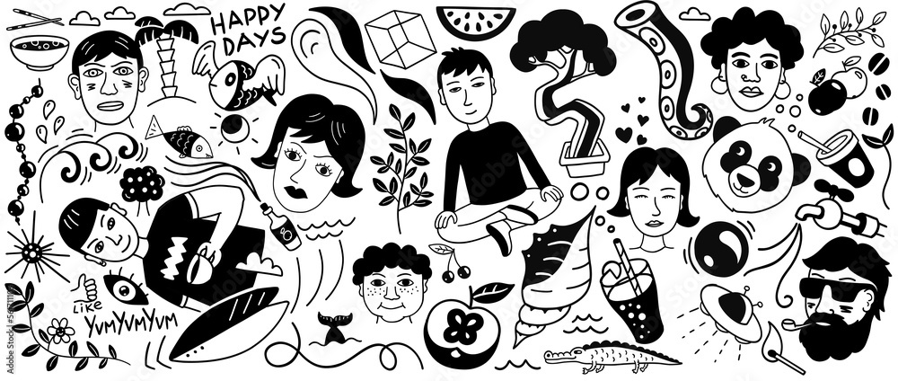 Trendy black and white doodle. With all sorts of things and people. Contemporary street style poster. Vector illustration.
