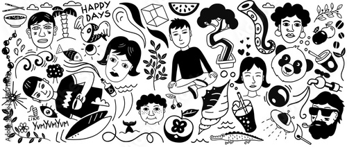 Trendy black and white doodle. With all sorts of things and people. Contemporary street style poster. Vector illustration.
