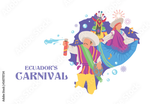 VECTORS. Editable poster for the Parade or Carnival in Ecuador. February, celebration, traditional dress and clothing, foam, map