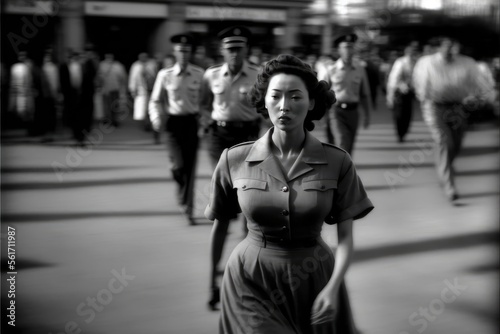 young woman walking in Pyongyang in 1960. monochromatic vintage. This image was created with generative AI,
