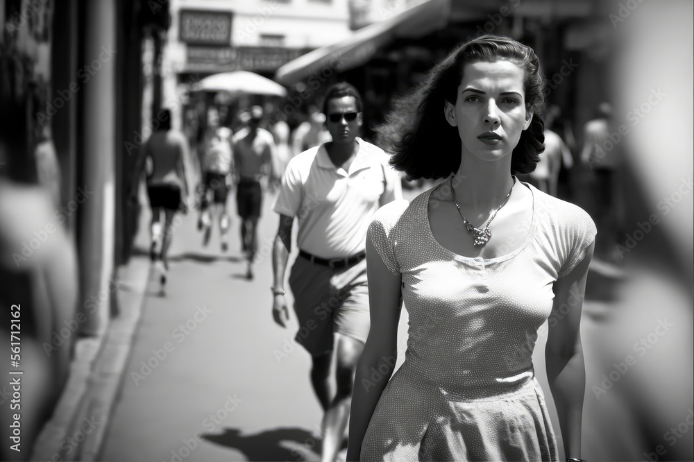 young woman walking in Capa Town South Africa in 1950. monochromatic vintage. This image was created with generative AI young woman walking in Capa Town South Africa in 1950. monochromatic vintage. This image was created with generative AI