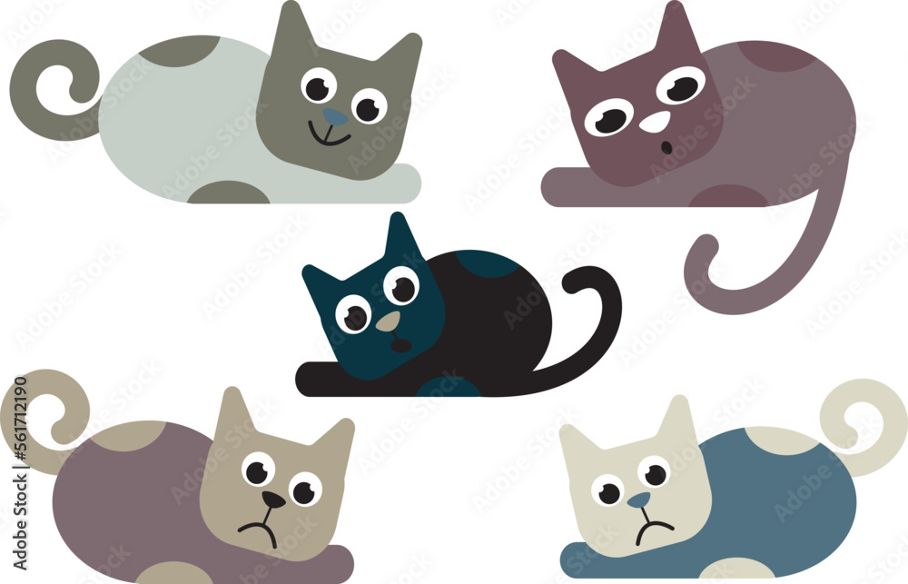 A set of several different cats. A set of several different cats.