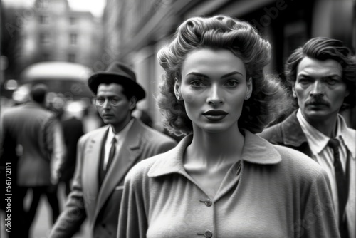 young woman walking in paris in 1950.. monochromatic vintage. This image was created with generative AI © Adriana