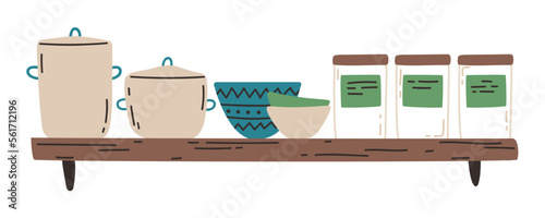 A kitchen shelf with kitchenware flat vector illustration. Interior of a kitchen room. Pans, bowls and jars for bulk ingredients. Set of kitchen utensils for cooking.