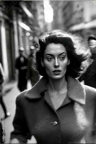  young woman walking in paris in 1955.. monochromatic vintage. This image was created with generative AI,