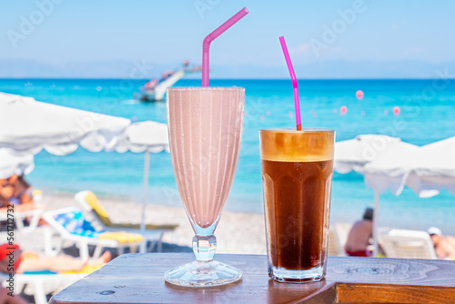 Cold beverage on the beach. Rhodes, Greece
