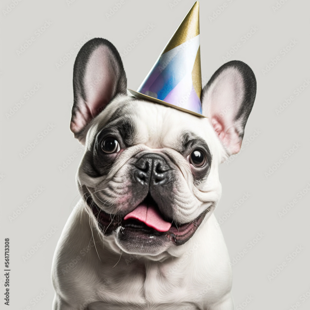 cute dog wearing birthday hat isolated on background, Generative AI