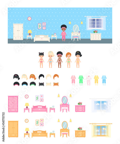 African american cute chibi girl dressed in pajamas in bedroom. Create your interior. Dress up paper doll. Dollhouse interior concept. Cartoon flat style. Vector illustration