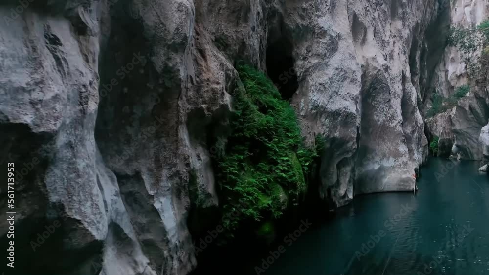 a beautiful gorge with a picturesque mountain river, located in a canyon between white rocks, surrounded by greenery and moss. calm water surface of a stream and trickles of water slowly flowing down a beautiful gorge with a picturesque mountain river, located in a canyon between white rocks, surrounded by greenery and moss. calm water surface of a stream and trickles of water slowly flowing down
