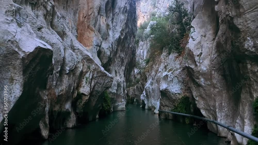 a beautiful gorge with a picturesque mountain river, located in a canyon between white rocks, surrounded by greenery and moss. calm water surface of a stream and trickles of water slowly flowing down a beautiful gorge with a picturesque mountain river, located in a canyon between white rocks, surrounded by greenery and moss. calm water surface of a stream and trickles of water slowly flowing down