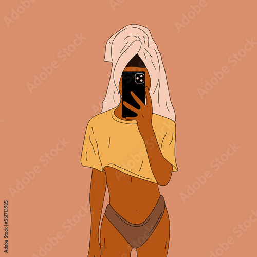 Beautiful young woman taking selfie in pajamas and turban. Hand drawn vector illustration. Cartoon style.	