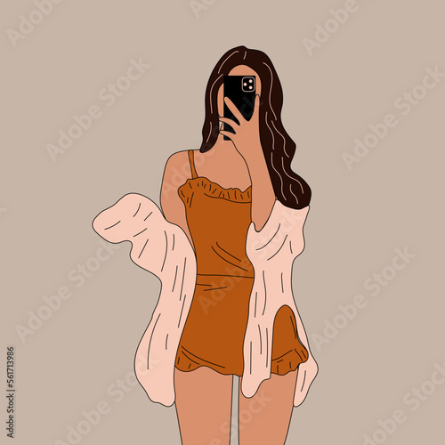 Beautiful young woman taking selfie in pajamas. Hand drawn vector illustration. Cartoon style.	