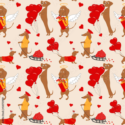 Seamless Pattern with  Dachshunds dogs pulls a hearts, valentines on a sleigh and decorate balloons in the shape of a heart. 