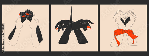Set of three vector illustration of two hands tied to a rope