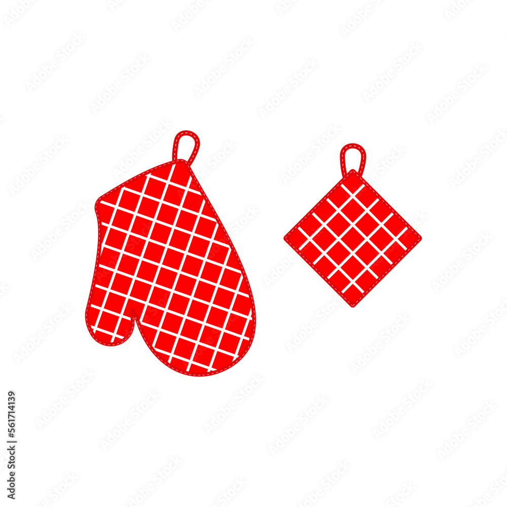 Oven mitt and potholder. Vector. Kitchen accessory isolated on white background. Cooking mitten, oven-glove in flat design. Kitchenware icon. Color illustration