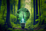 electric light bulb in the forest trees concept.  alternative energy energy saving technologies careful attitude to the environment Ai generated, 