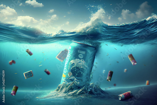 aluminum cans and garbage waste on the bottom of the sea and ocean. Environmental problems and environmental pollution, the concept of conservation of nature and ecology Ai generated, 