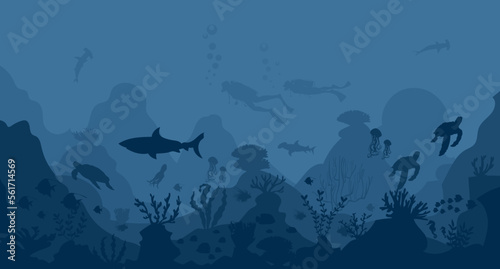 silhouette of coral reef with fish on blue sea background underwater vector illustration  