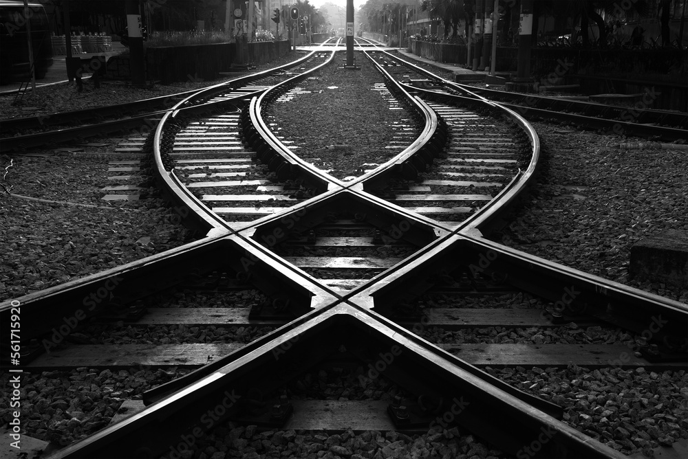 Railway track with switch and interchange and high rise building in Hong Kong city