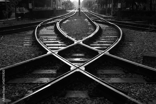 Obraz na płótnie Railway track with switch and interchange and high rise building in Hong Kong city w salonie