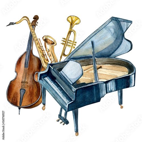 Photography Composition of grand piano, saxophone, contrabass musical instruments watercolor illustration isolated