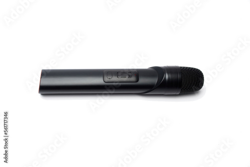 Black Modern microphone on a white isolated background. Wireless microphone. Vocal microphone concept.