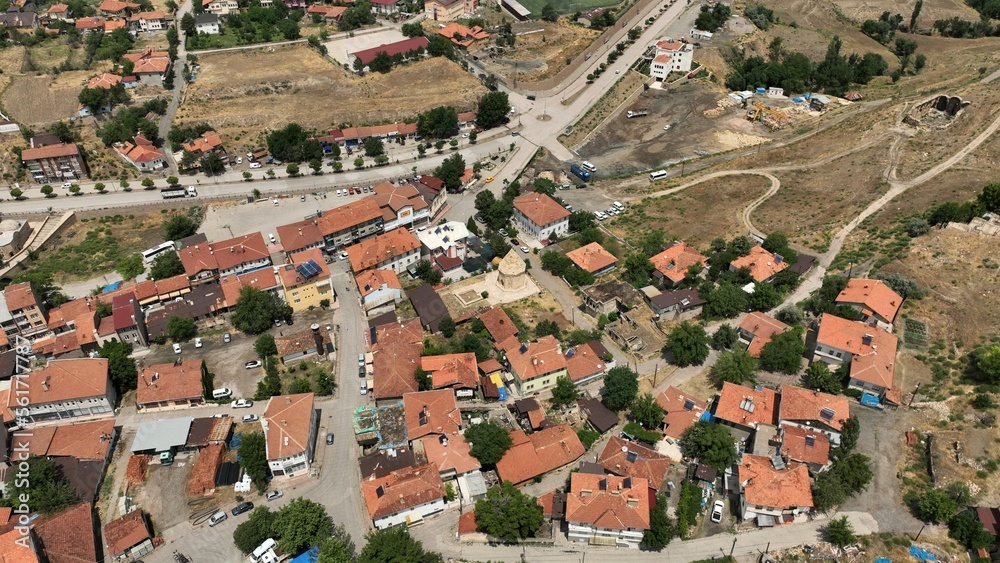 A drone photograph of the Divriği district of Sivas. Bird's eye view of the old city center of Divrigi.