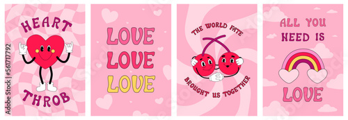 Groove cards for Valentine's day. Retro illustrations about love. Romantic cherry, vintage rainbow, heart use finger language. Cartoon style of 60s - 70s