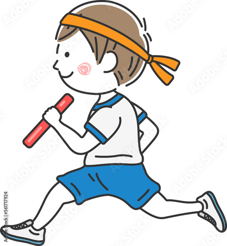 運動会のリレーで、バトンを持って走る、男の子のイラスト