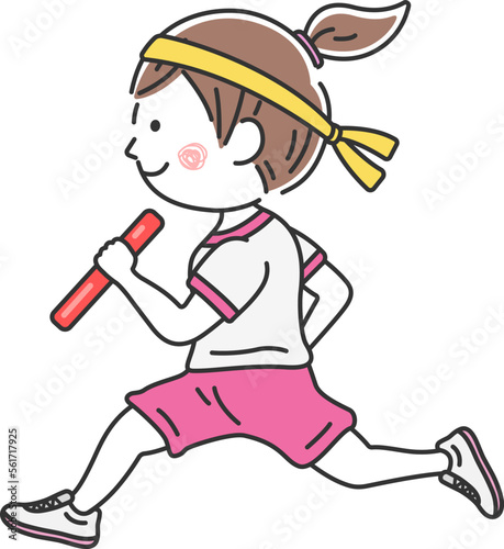 運動会のリレーで、バトンを持って走る、女の子のイラスト photo