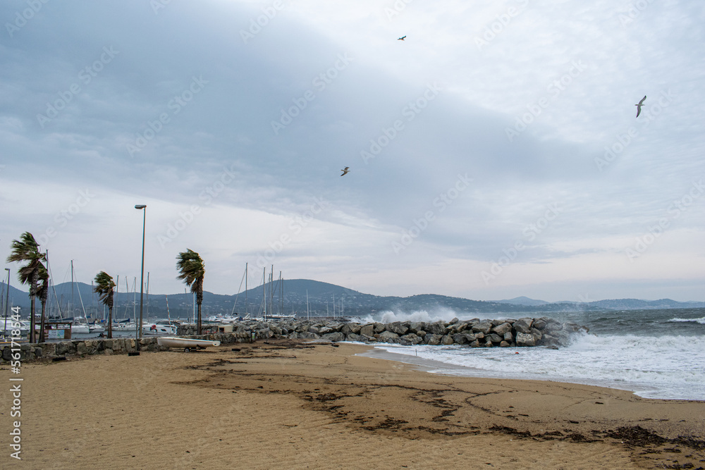 Port Cogolin beach shore rainy day with wind