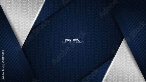 Futuristic navy abstract gaming banner design with metal technology concept. Vector illustration for business corporate promotion, game header social media, live streaming background