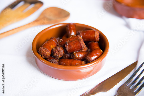 Chistorra. Fried sausage from the Basque country. Traditional northern Spanish tapa.