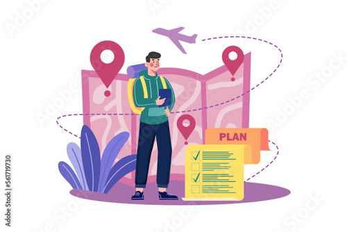 Young man with luggage, planning sightseeing route for attractions