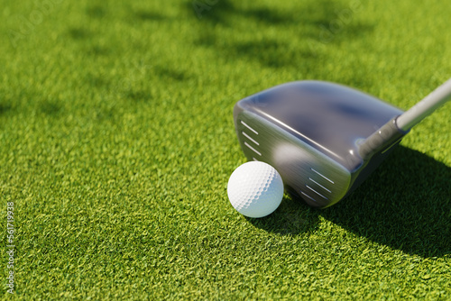 golf ball and driver on grass field, 3d rendering