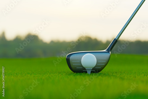 golf ball and golf driver on grass field, 3d rendering