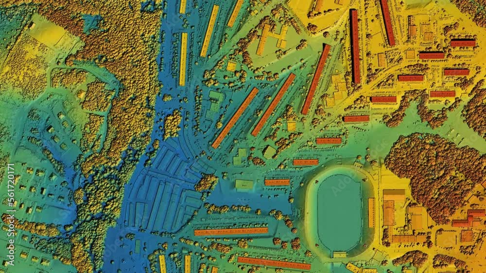 Digital elevation model. GIS product made after proccesing aerial pictures taken from a drone. It shows city urban area with roads and suburbs	
