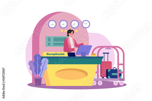 Hotel receptionist in the lobby at the front desk