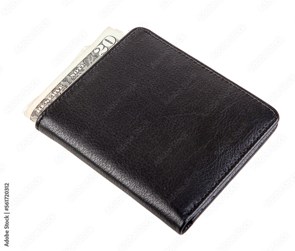 black leather wallet with banknotes lying on a white background