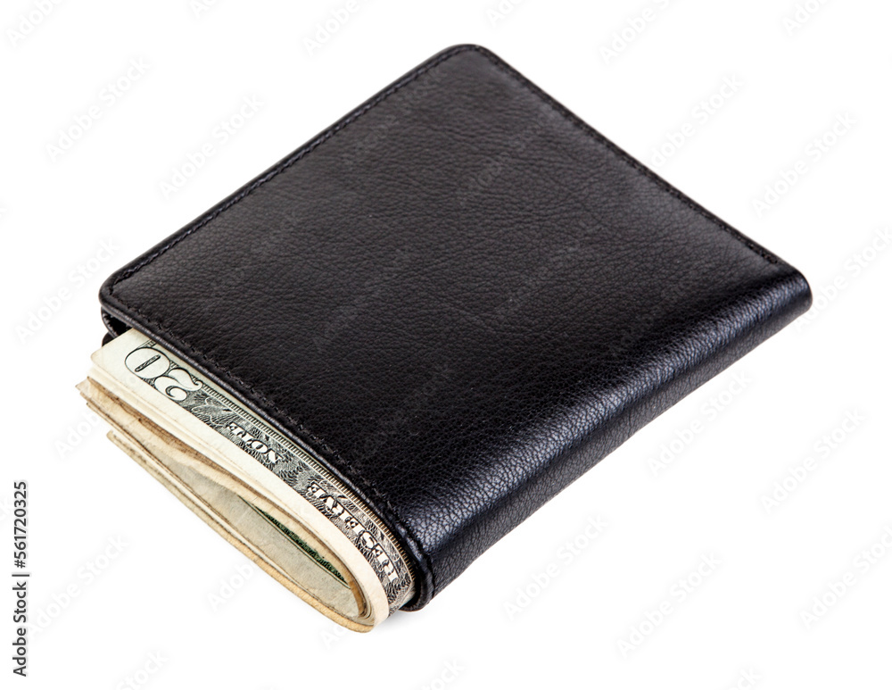 black leather wallet with banknotes lying on a white background black leather wallet with banknotes lying on a white background