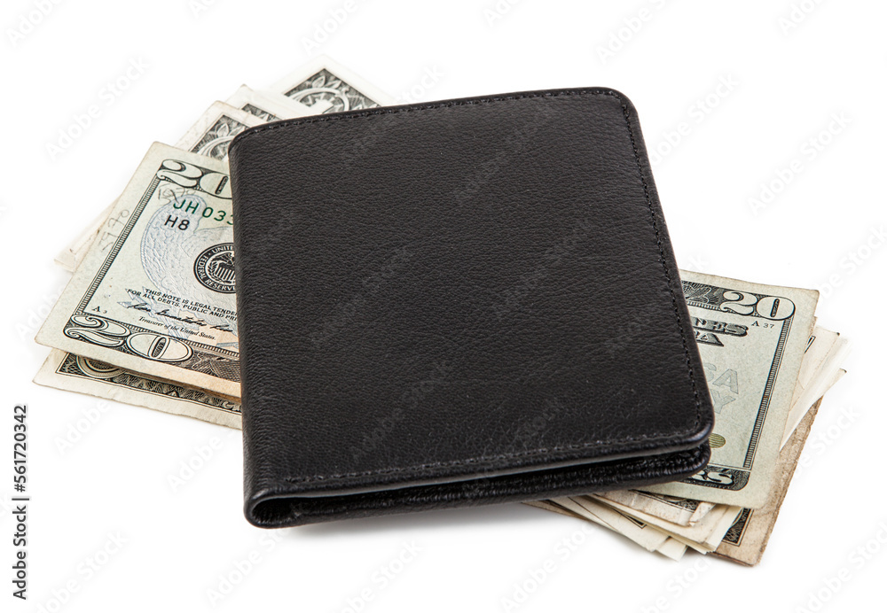 black leather wallet with banknotes lying on a white background black leather wallet with banknotes lying on a white background