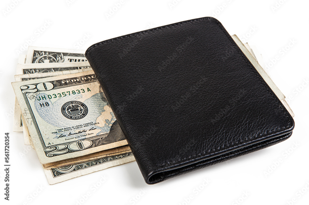 black leather wallet with banknotes lying on a white background black leather wallet with banknotes lying on a white background
