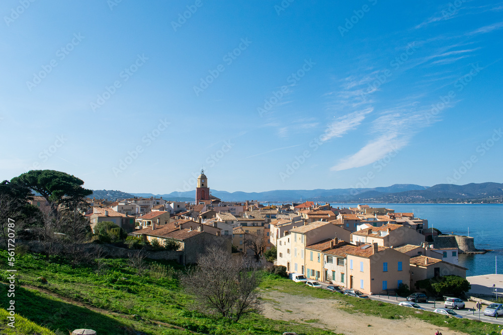 Saint Tropez view from above with bench on the side of the hill